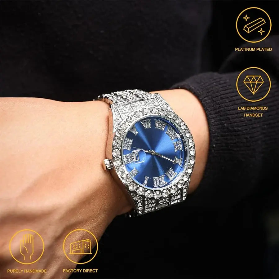 Luxury Diamond Iced out watch Round Dial Blue colour