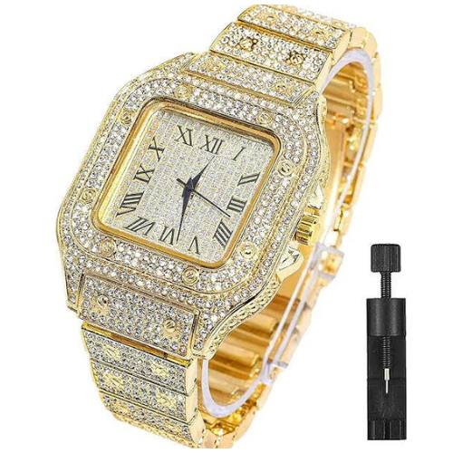 Luxury Golden Iced Out Diamond Crystal Watch with Chain and Box