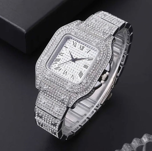 Luxury Silver Iced Out Diamond Crystal Watch