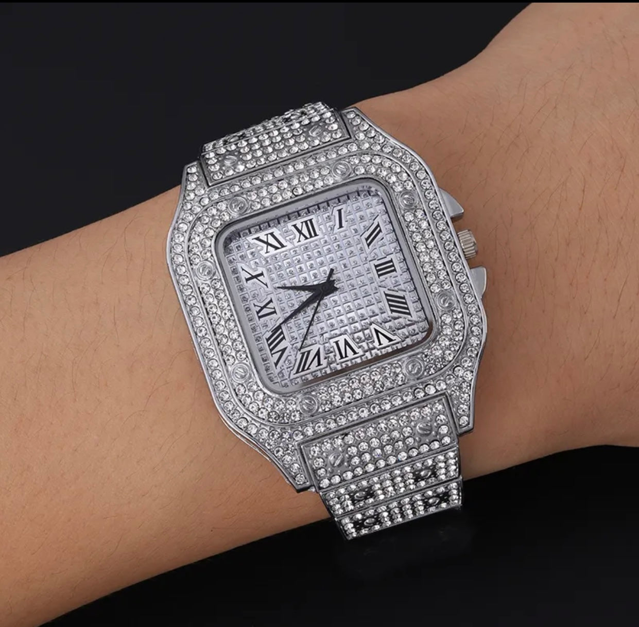 Luxury Silver Iced Out Diamond Crystal Watch